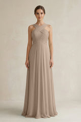 Almond Cross Halter Chiffon A-Line Pleated Bridesmaid Dress | KISSBRIDAL