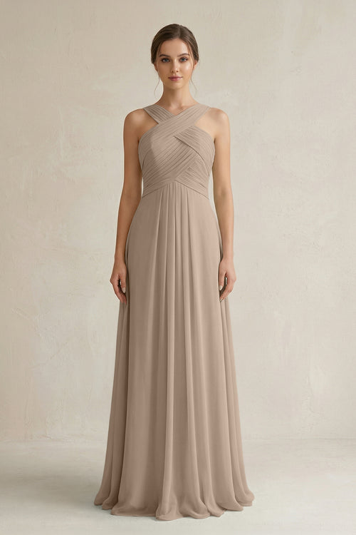 Almond Cross Halter Chiffon A-Line Pleated Bridesmaid Dress | KISSBRIDAL