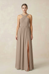 Almond Cross Halter Neck Chiffon A-Line Bridesmaid Dress With Slit | KISSBRIDAL