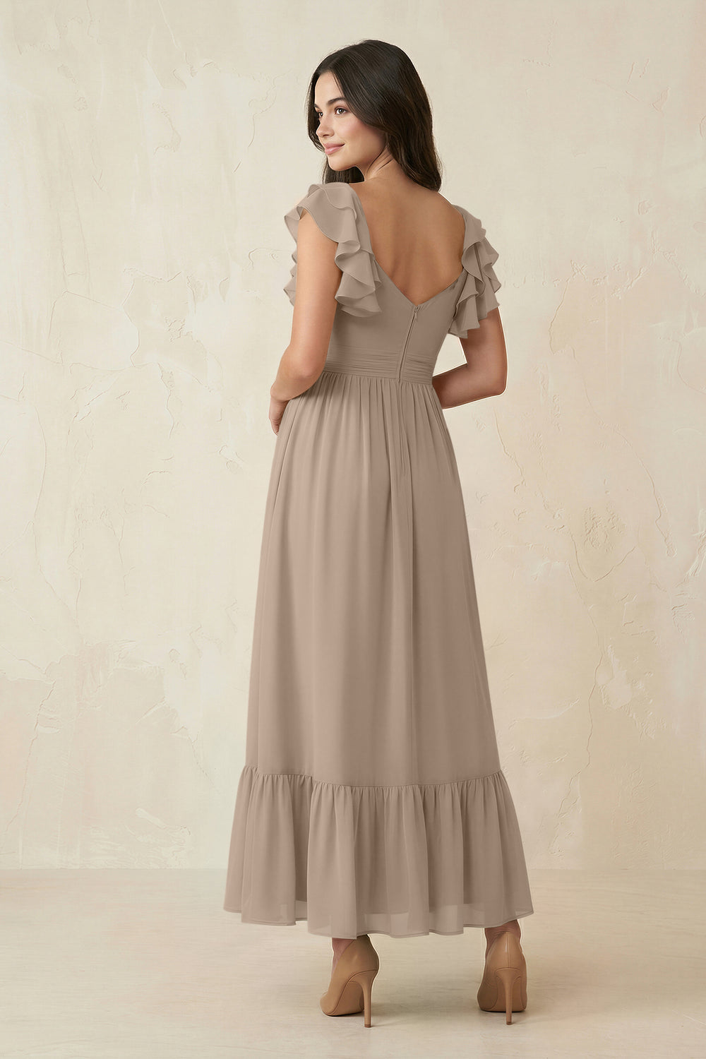 Flutter Sleeve Sweetheart A-Line Chiffon Bridesmaid Dress in Almond