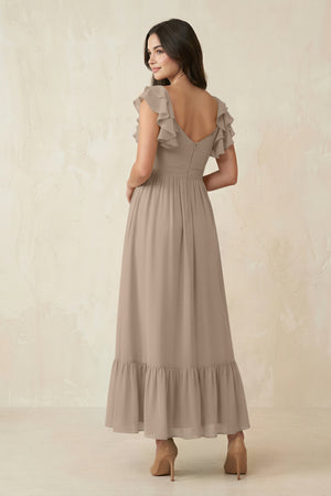 Almond Flutter Sleeve Sweetheart A-Line Chiffon Bridesmaid Dress (2) | KISSBRIDAL