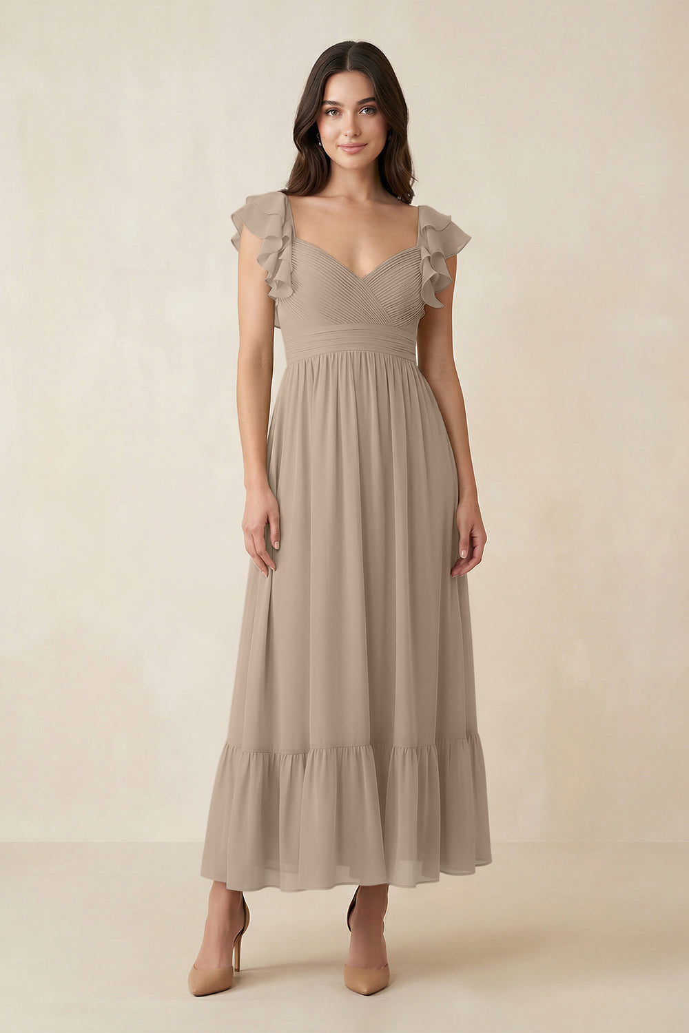 Flutter Sleeve Sweetheart A-Line Chiffon Bridesmaid Dress in Almond