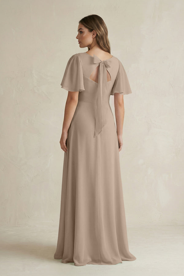 Almond Flutter Sleeve V-Neck A-Line Chiffon Bridesmaid Dress (2) | KISSBRIDAL