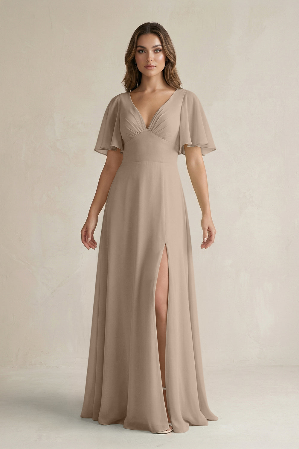 Flutter Sleeve V-Neck A-Line Chiffon Bridesmaid Dress in Almond