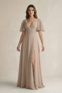 Almond Flutter Sleeve V-Neck A-Line Chiffon Bridesmaid Dress | KISSBRIDAL