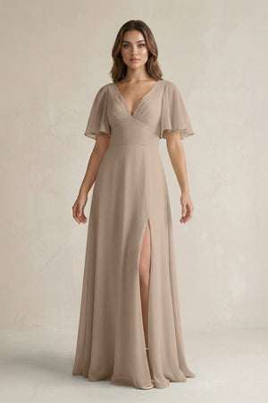 Almond Flutter Sleeve V-Neck A-Line Chiffon Bridesmaid Dress | KISSBRIDAL