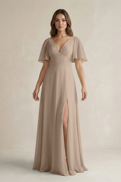 Almond Flutter Sleeve V-Neck A-Line Chiffon Bridesmaid Dress | KISSBRIDAL