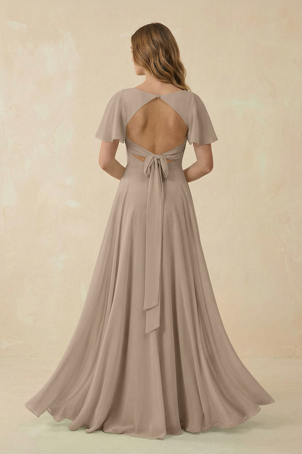 Flutter Sleeve V-Neck Chiffon A-Line Bridesmaid Dress in Almond