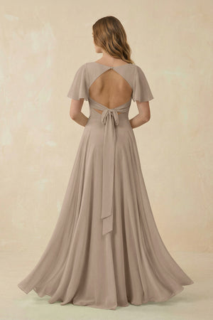 Almond Flutter Sleeve V-Neck Chiffon A-Line Bridesmaid Dress (2) | KISSBRIDAL