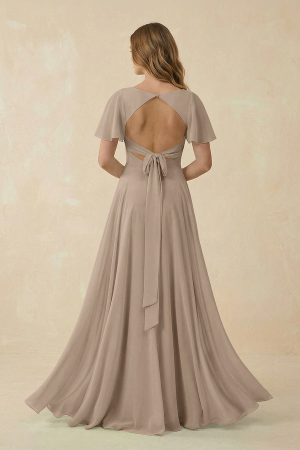 Almond Flutter Sleeve V-Neck Chiffon A-Line Bridesmaid Dress (2) | KISSBRIDAL