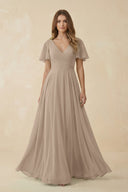 Almond Flutter Sleeve V-Neck Chiffon A-Line Bridesmaid Dress | KISSBRIDAL