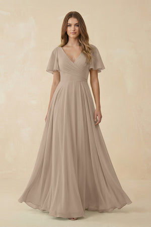 Almond Flutter Sleeve V-Neck Chiffon A-Line Bridesmaid Dress | KISSBRIDAL