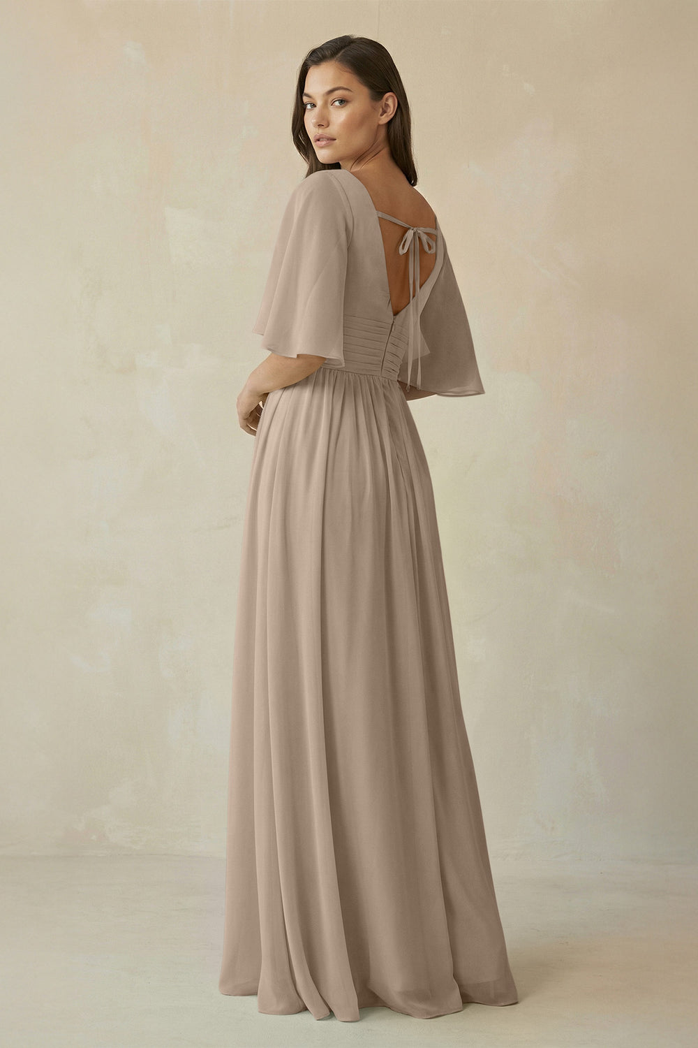 Half Sleeve V-Neck A-Line Chiffon Bridesmaid Gown in Almond