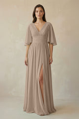 Almond Half Sleeve V-Neck A-Line Chiffon Bridesmaid Gown | KISSBRIDAL