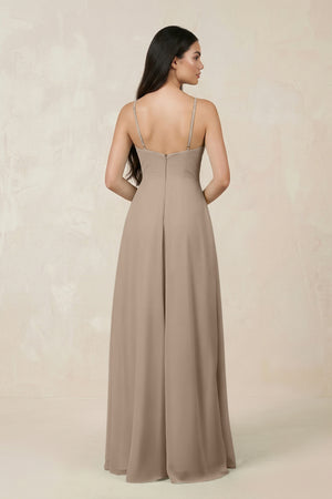 Almond Halter Chiffon A-Line Bridesmaid Dress With Slit (2) | KISSBRIDAL