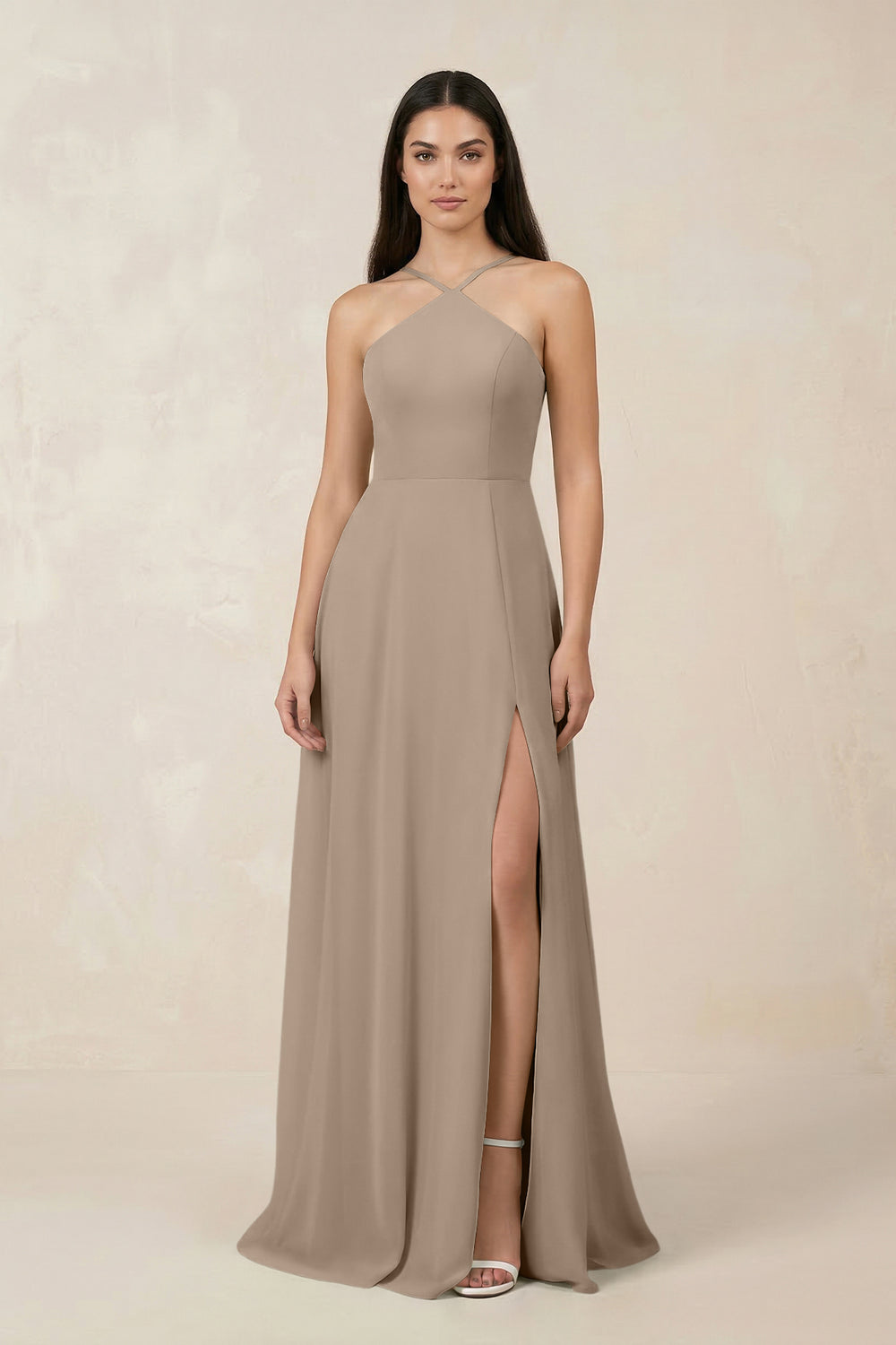 Halter Chiffon A-Line Bridesmaid Dress With Slit in Almond
