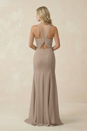 Almond Halter Chiffon Mermaid Ruched Bridesmaid Dress (2) | KISSBRIDAL