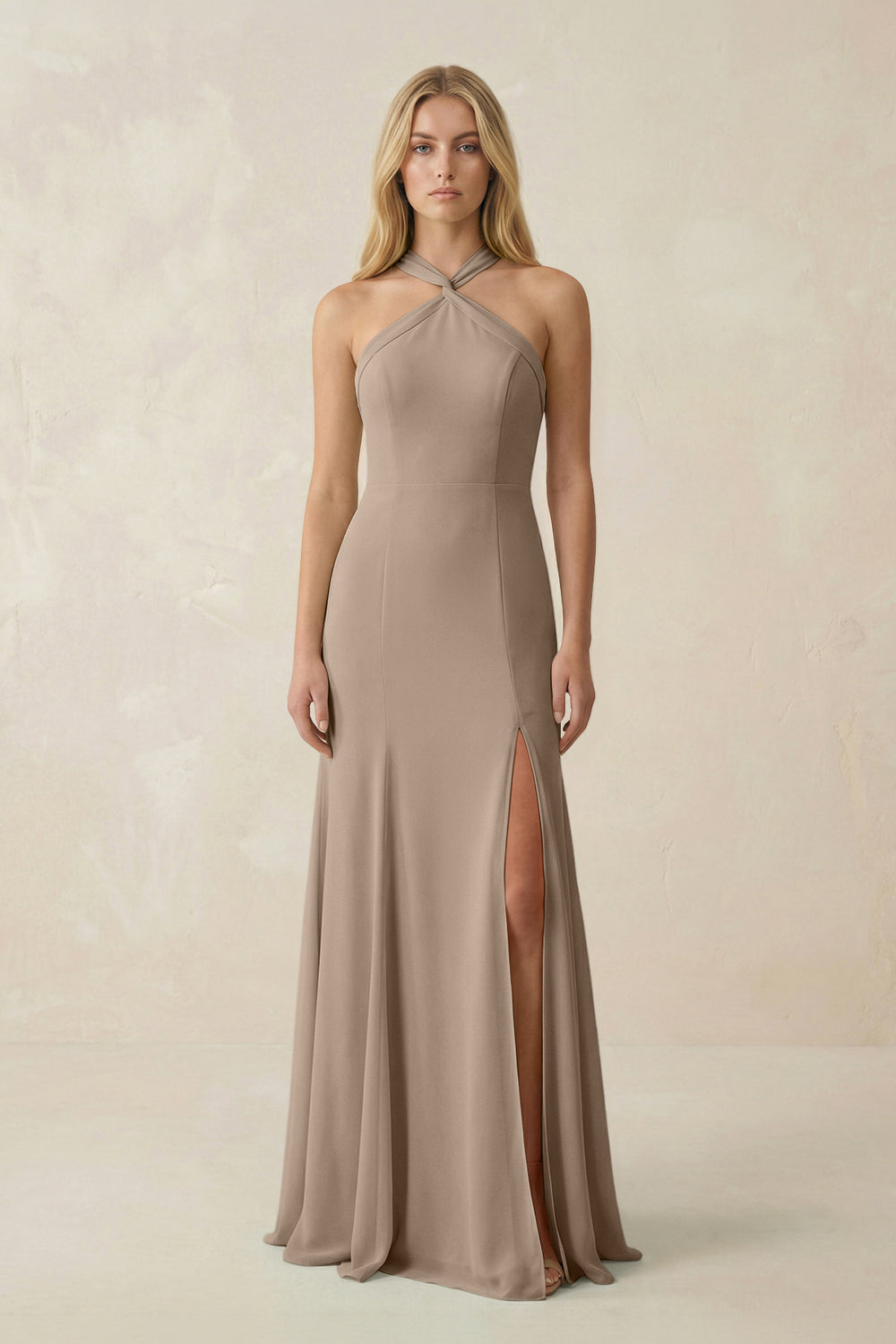 Halter Chiffon Mermaid Ruched Bridesmaid Dress in Almond