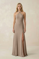 Almond Halter Chiffon Mermaid Ruched Bridesmaid Dress | KISSBRIDAL