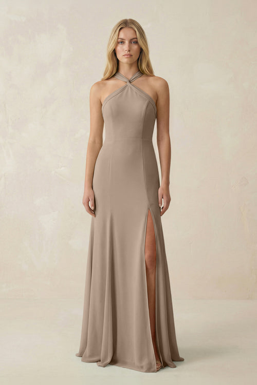 Almond Halter Chiffon Mermaid Ruched Bridesmaid Dress | KISSBRIDAL