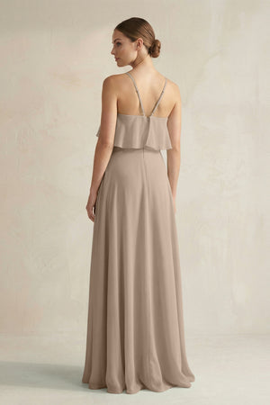 Almond Halter Neck A-Line Chiffon Bridesmaid Dress with Keyhole (2) | KISSBRIDAL