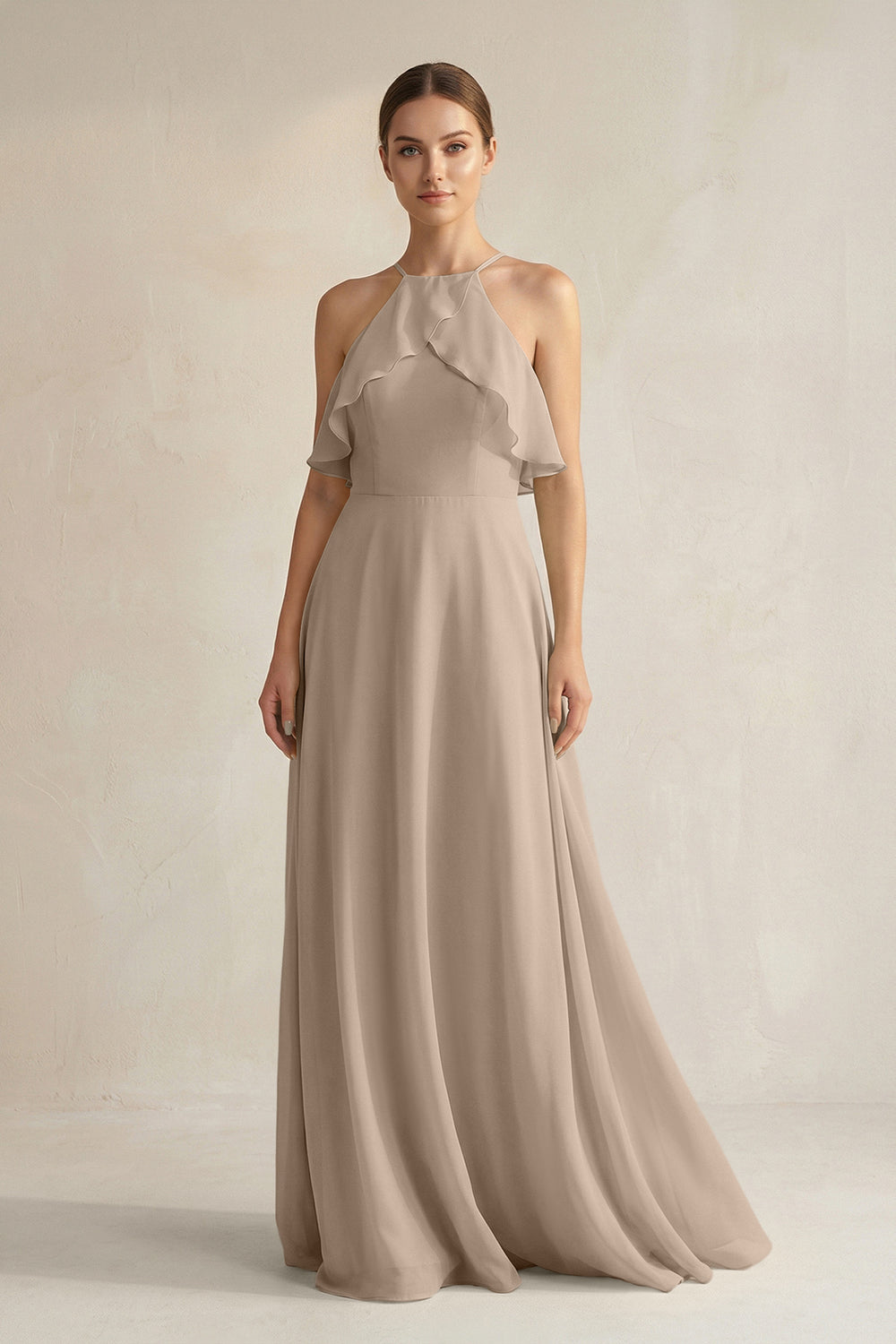 Halter Neck A-Line Chiffon Bridesmaid Dress with Keyhole in Almond