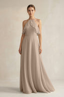 Almond Halter Neck A-Line Chiffon Bridesmaid Dress with Keyhole | KISSBRIDAL