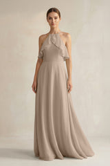 Almond Halter Neck A-Line Chiffon Bridesmaid Dress with Keyhole | KISSBRIDAL