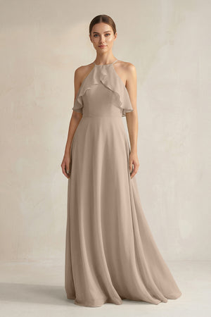 Almond Halter Neck A-Line Chiffon Bridesmaid Dress with Keyhole | KISSBRIDAL