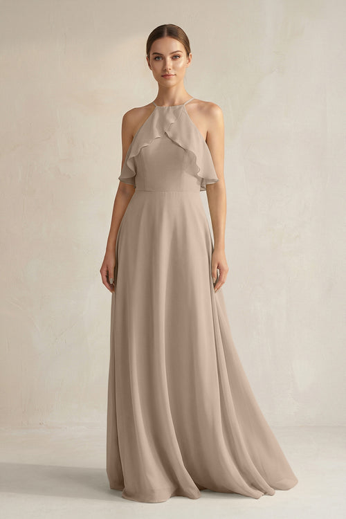 Almond Halter Neck A-Line Chiffon Bridesmaid Dress with Keyhole | KISSBRIDAL