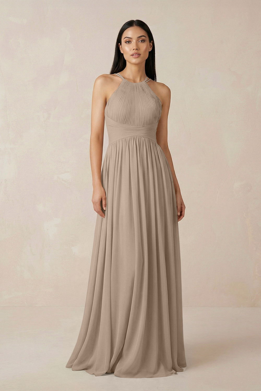 Halter Neck A-Line Chiffon Bridesmaid Dress in Almond