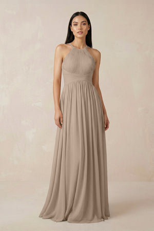 Almond Halter Neck A-Line Chiffon Bridesmaid Dress | KISSBRIDAL