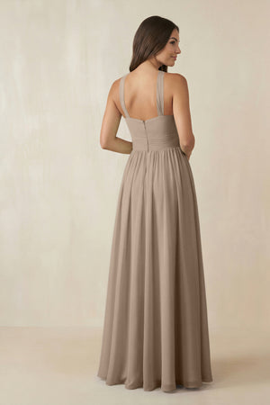 Almond Halter Neck Ruched A-Line Chiffon Bridesmaid Dress (2) | KISSBRIDAL