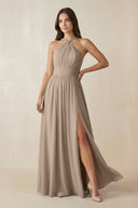 Almond Halter Neck Ruched A-Line Chiffon Bridesmaid Dress | KISSBRIDAL