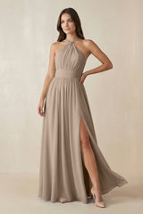 Almond Halter Neck Ruched A-Line Chiffon Bridesmaid Dress | KISSBRIDAL