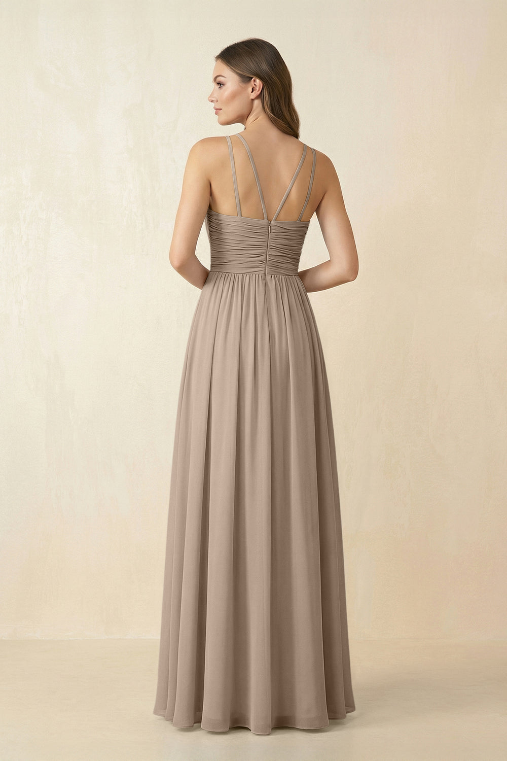 Halter Pleated A-Line Chiffon Bridesmaid Dress in Almond