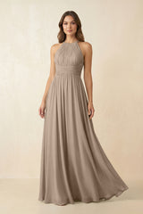 Almond Halter Pleated A-Line Chiffon Bridesmaid Dress | KISSBRIDAL