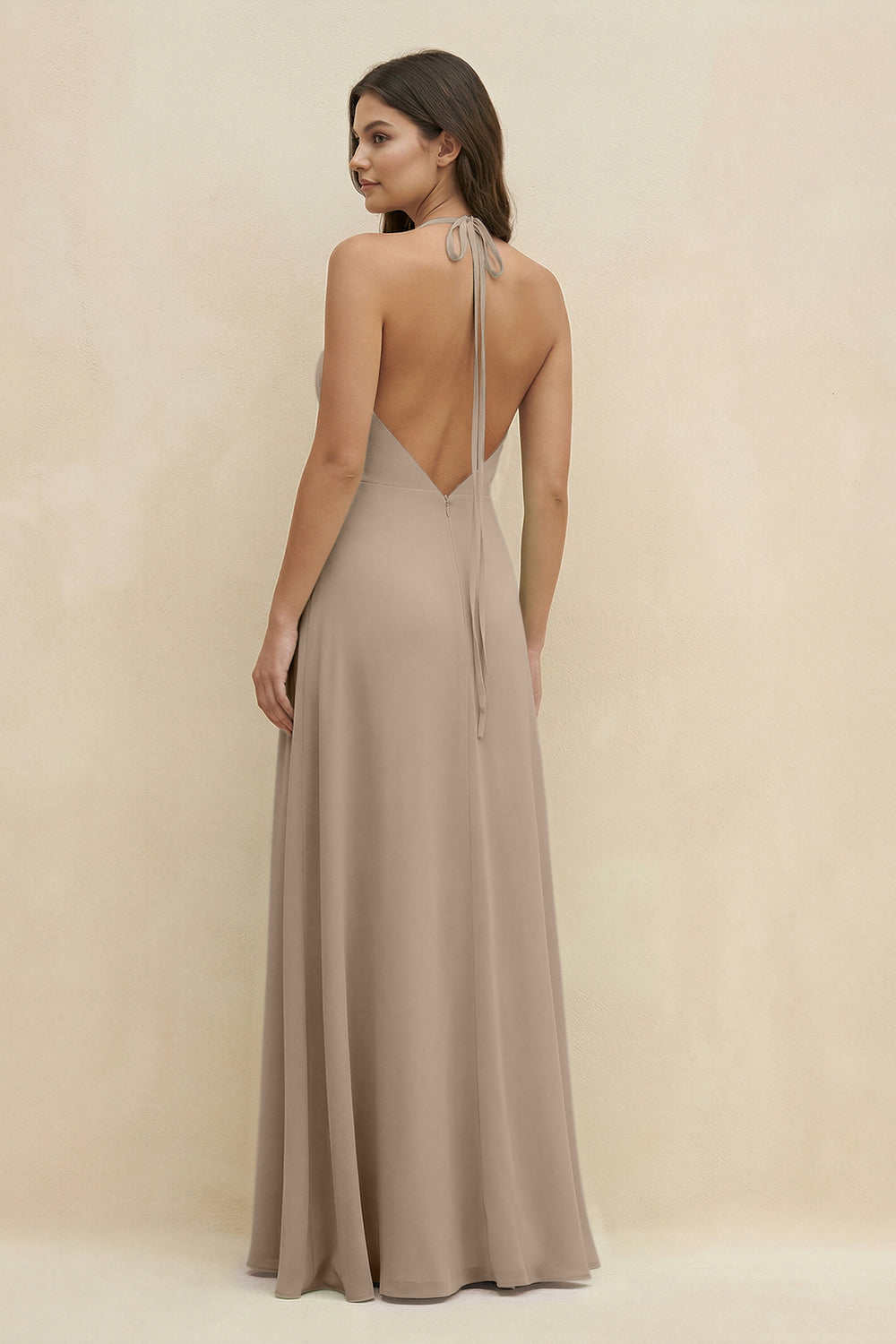 Halter Sheath Long Chiffon Bridesmaid Dress in Almond