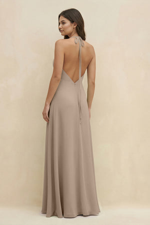 Almond Halter Sheath Long Chiffon Bridesmaid Dress (2) | KISSBRIDAL