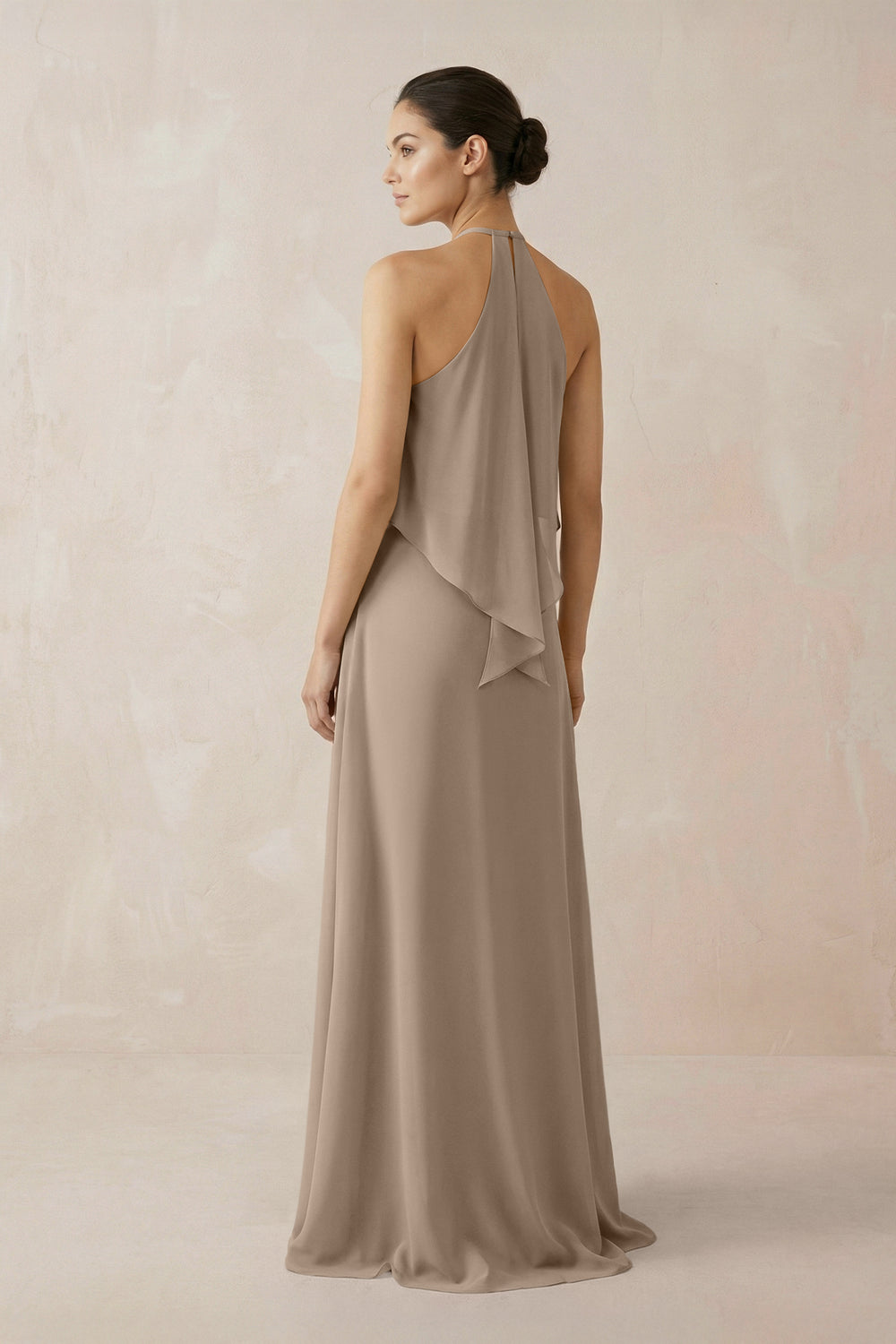 Halter Sheath Ruffled Chiffon Bridesmaid Dress in Almond