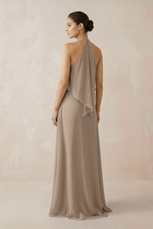 Almond Halter Sheath Ruffled Chiffon Bridesmaid Dress (2) | KISSBRIDAL