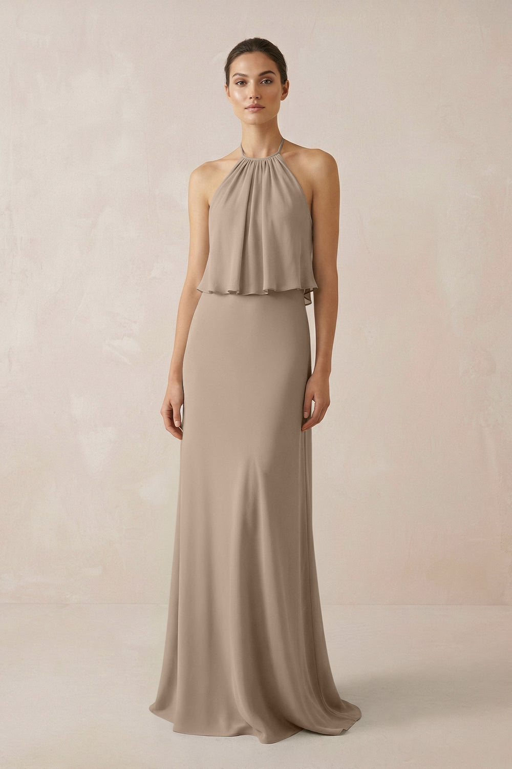 Halter Sheath Ruffled Chiffon Bridesmaid Dress in Almond
