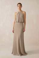Almond Halter Sheath Ruffled Chiffon Bridesmaid Dress | KISSBRIDAL