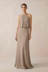Almond Halter Sheath Ruffled Chiffon Bridesmaid Dress | KISSBRIDAL
