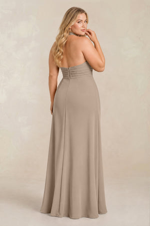 Almond High Neck Chiffon Sheath Ruched Bridesmaid Dress (2) [sizeplus] | KISSBRIDAL