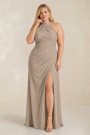 Almond High Neck Chiffon Sheath Ruched Bridesmaid Dress [sizeplus] | KISSBRIDAL