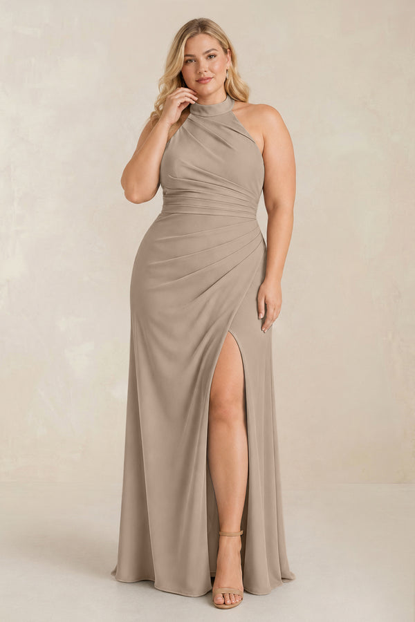 Almond High Neck Chiffon Sheath Ruched Bridesmaid Dress [sizeplus] | KISSBRIDAL