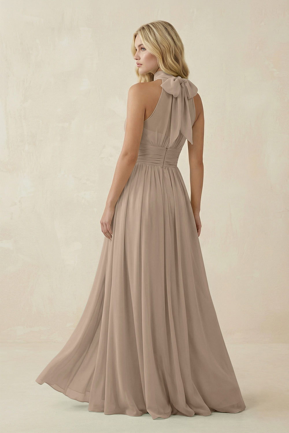 Illusion Halter A-Line Chiffon Bridesmaid Gown in Almond