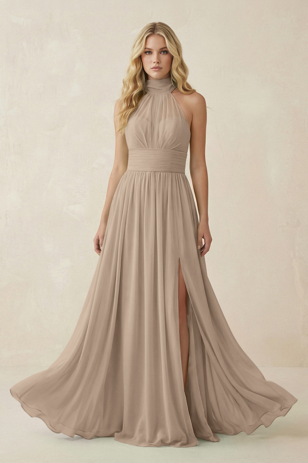 Illusion Halter A-Line Chiffon Bridesmaid Gown in Almond