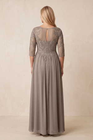 Almond Illusion Neck Embroidered Tulle A-Line Mother of the Bride Dress with Sleeves (2) | KISSBRIDAL